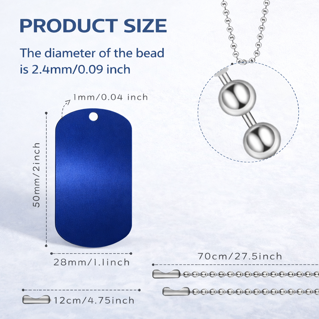 Measurement chart of a blue pendant and silver necklace with bead details on a white background.