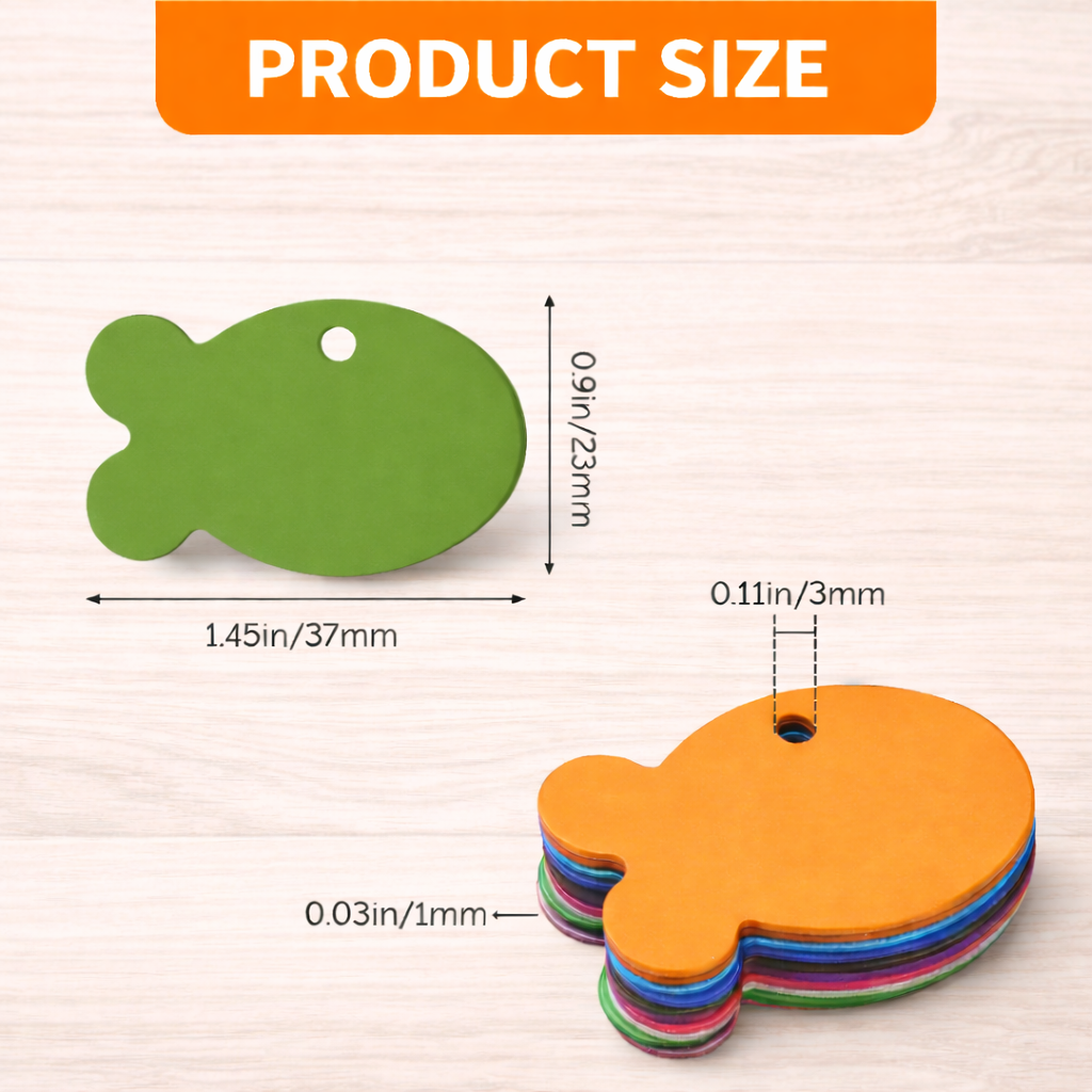 Colorful fish-shaped products with measurements on a light background