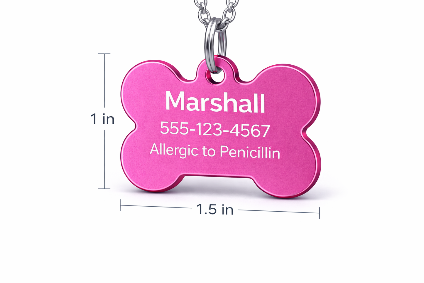 Pink bone-shaped pet tag with engraved information on a white background