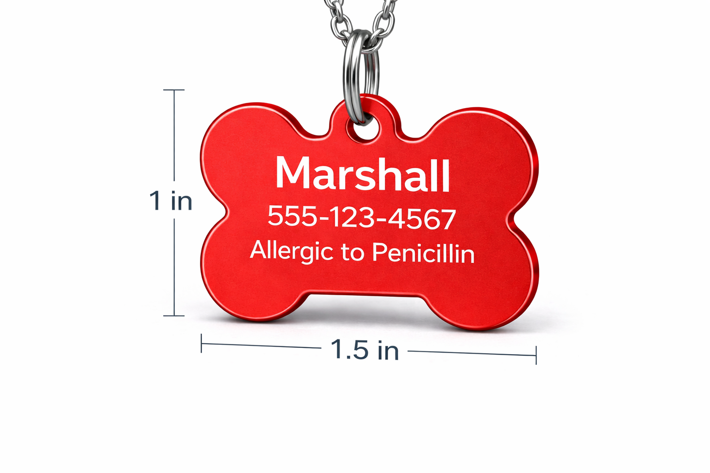 Red bone-shaped pet tag with engraved information on a white background