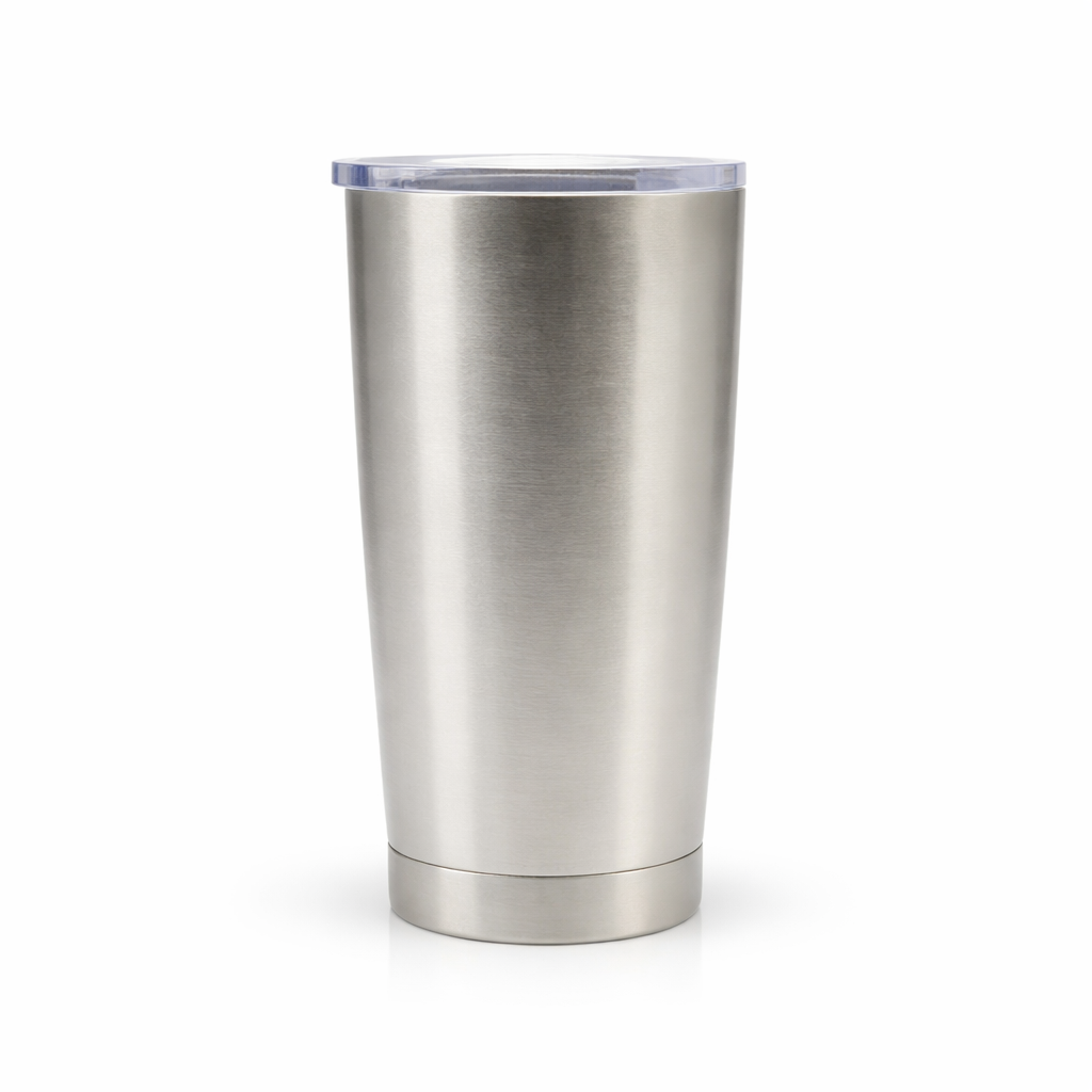 Stainless steel tumbler on a white background