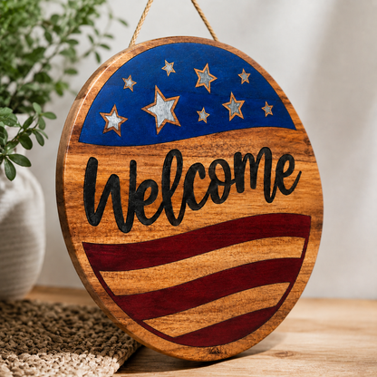 Welcome American Flag Acacia Wood Sign with Epoxy Inlay