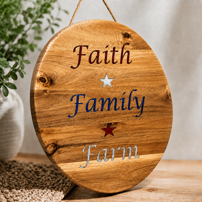 Faith Family Farm Acacia Wood Sign with Epoxy Inlay