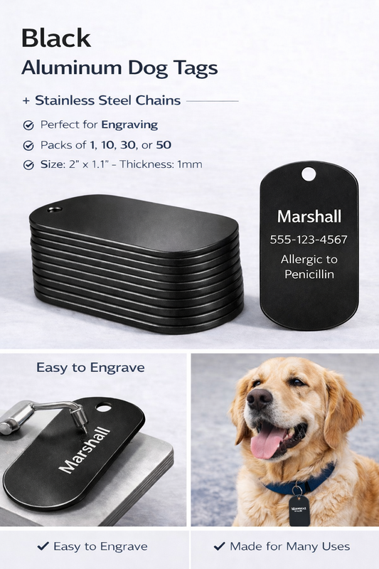 Black aluminum dog tags with engraved information, suitable for engraving and various uses.