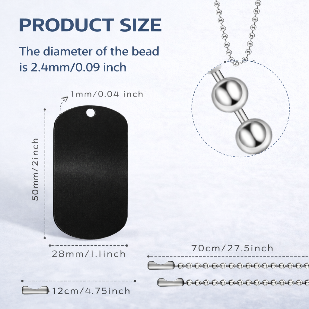 Measurement chart showing dimensions of a black dog tag and silver necklace with bead.