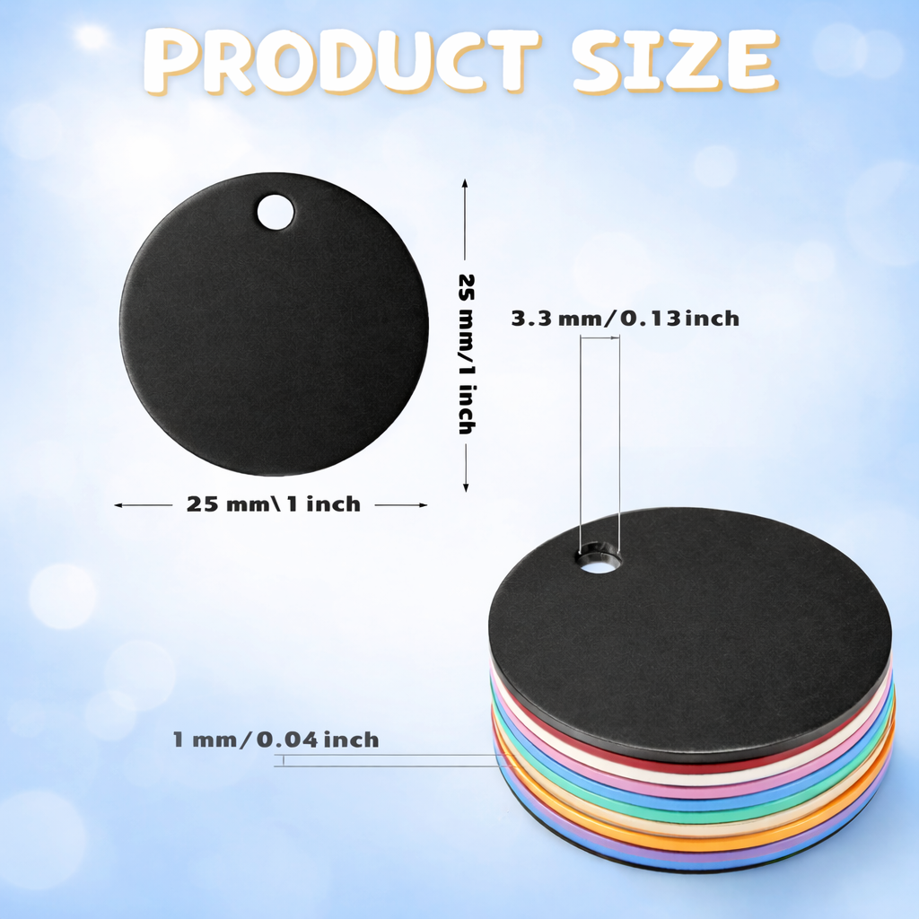 Black round tags with measurements on a light blue background