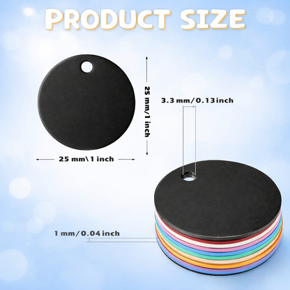 Black round tags with measurements on a light blue background