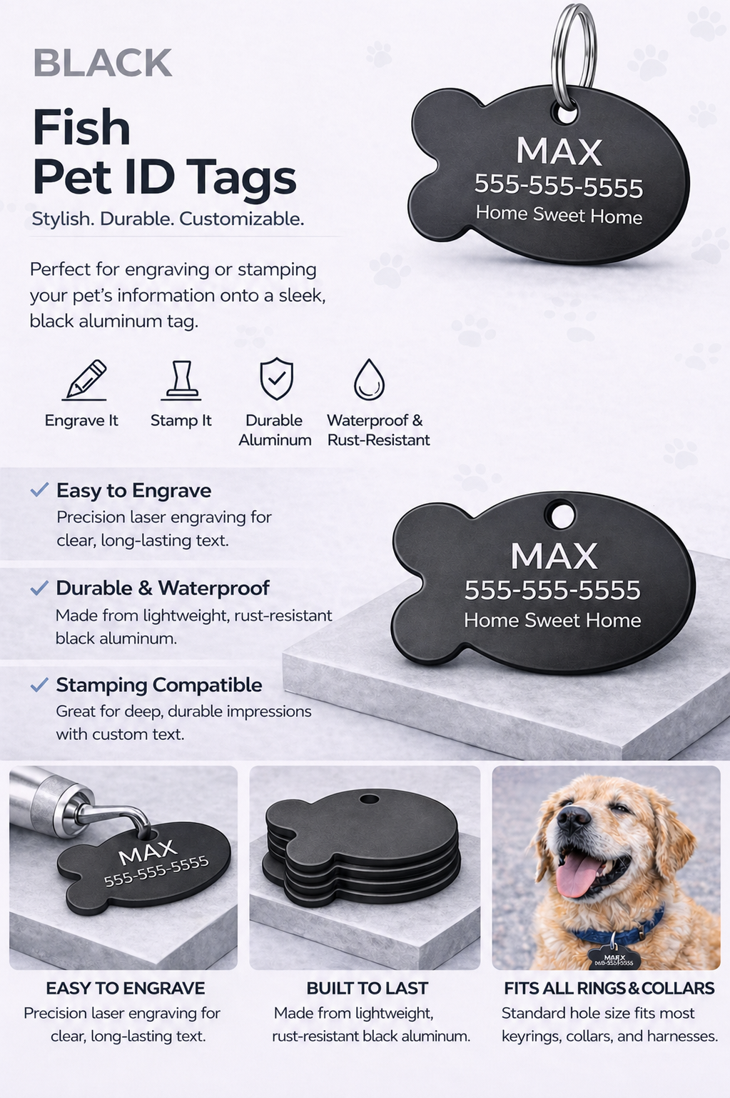 Black fish-shaped pet ID tags with engraving options on a white background