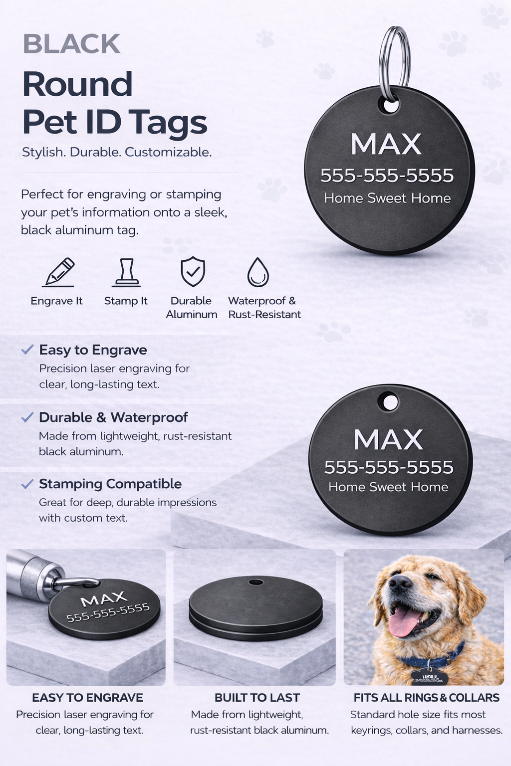 Black round pet ID tags with engraving options on a gray background