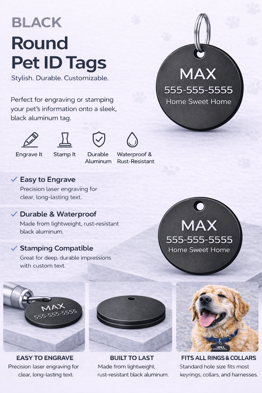 Black round pet ID tags with engraving options on a gray background