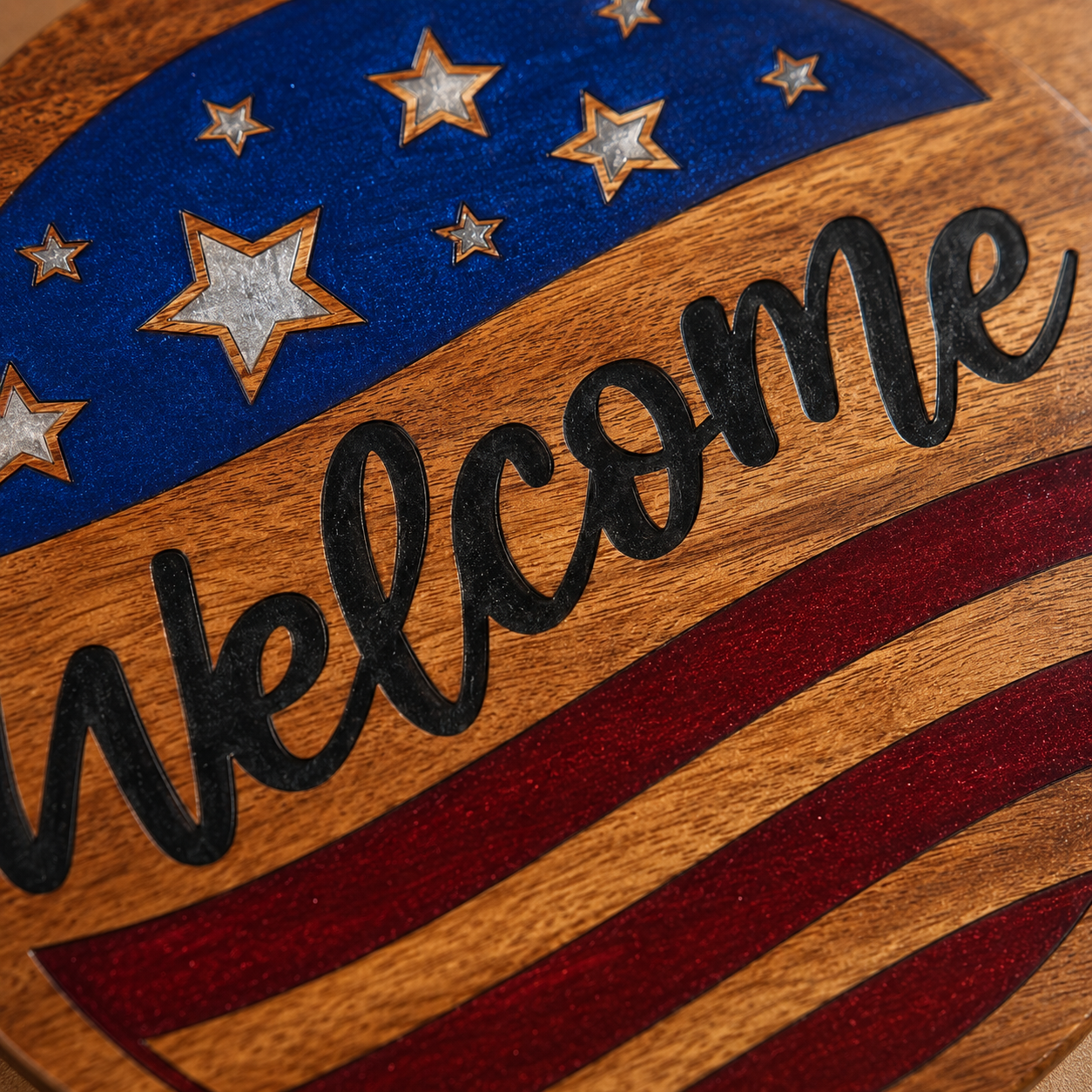 Welcome American Flag Acacia Wood Sign with Epoxy Inlay