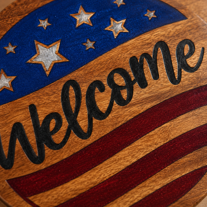 Welcome American Flag Acacia Wood Sign with Epoxy Inlay
