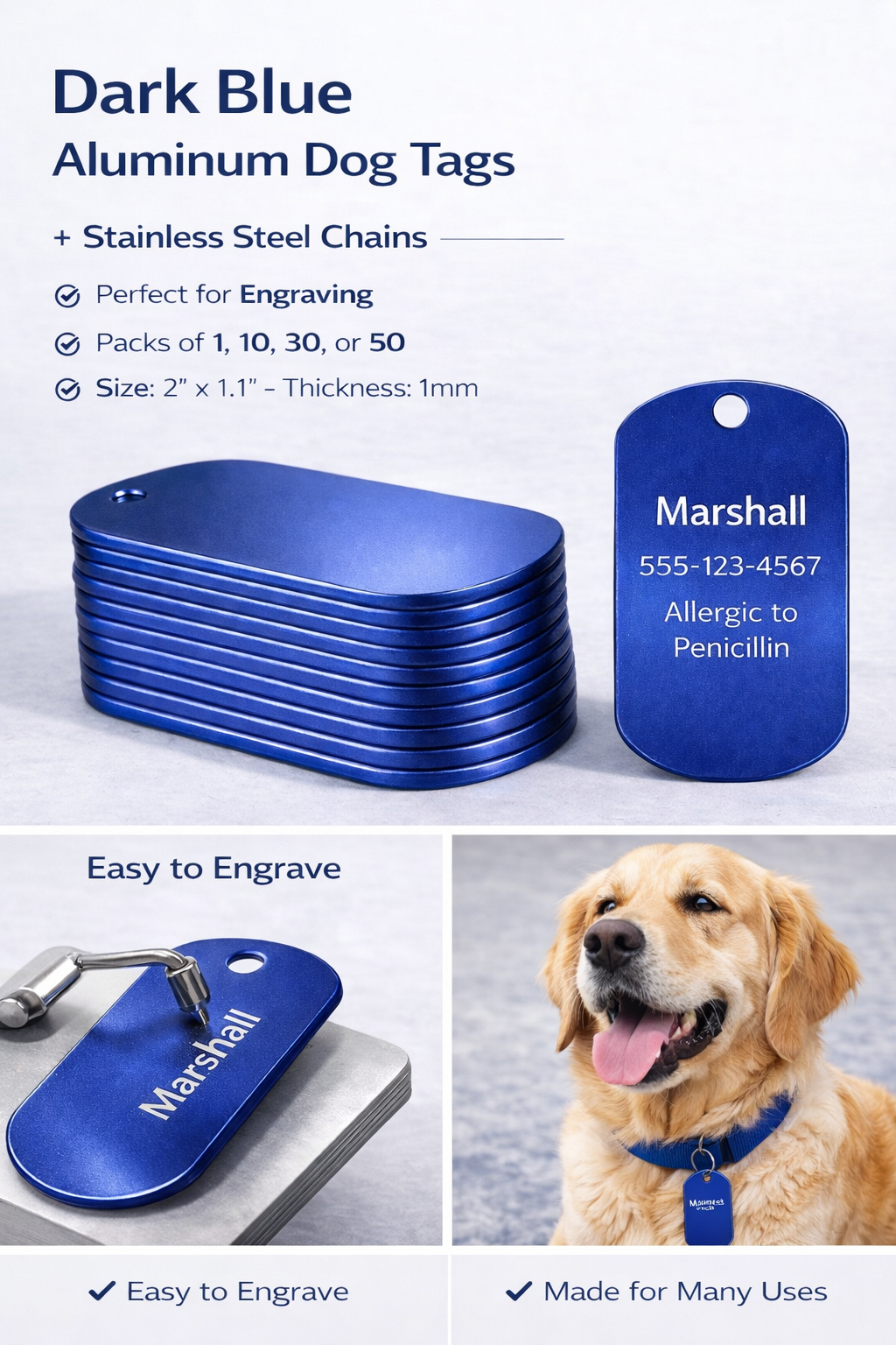 Dark blue aluminum dog tags with engraved text and stainless steel chains, displayed with a dog wearing one.