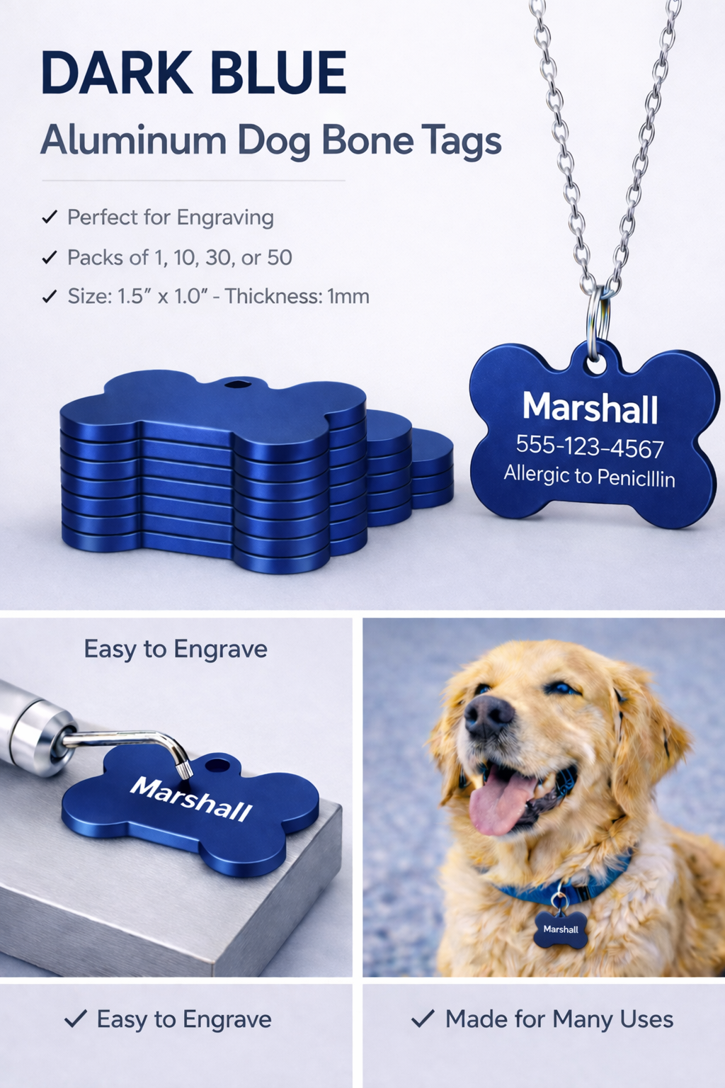 Dark blue aluminum dog bone tags with engraving tool and engraved tag on a dog, on a light gray background.