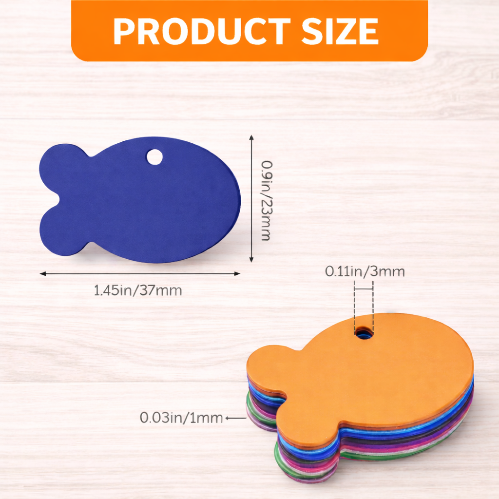 Colorful fish-shaped products with measurements on a light wooden surface