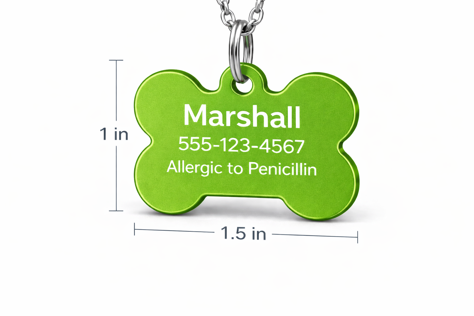 Green bone-shaped pet tag with engraved text on a white background
