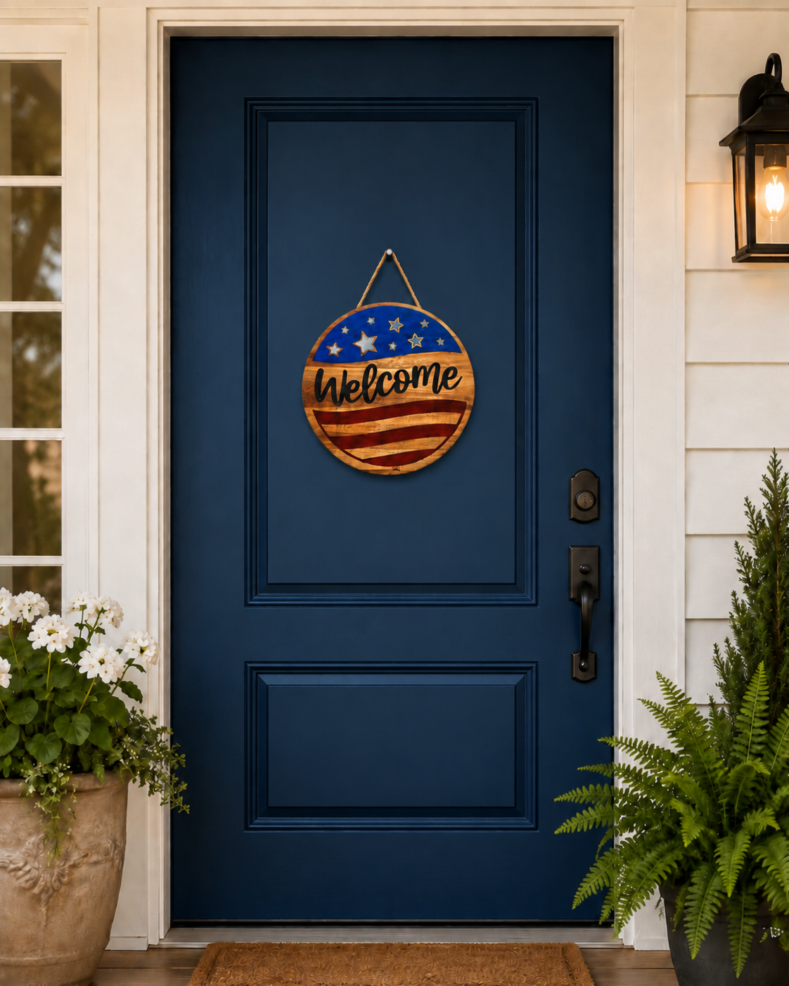 Welcome American Flag Acacia Wood Sign with Epoxy Inlay