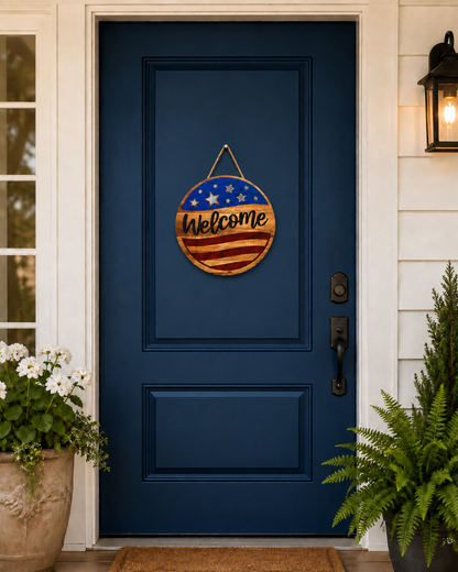 Welcome American Flag Acacia Wood Sign with Epoxy Inlay