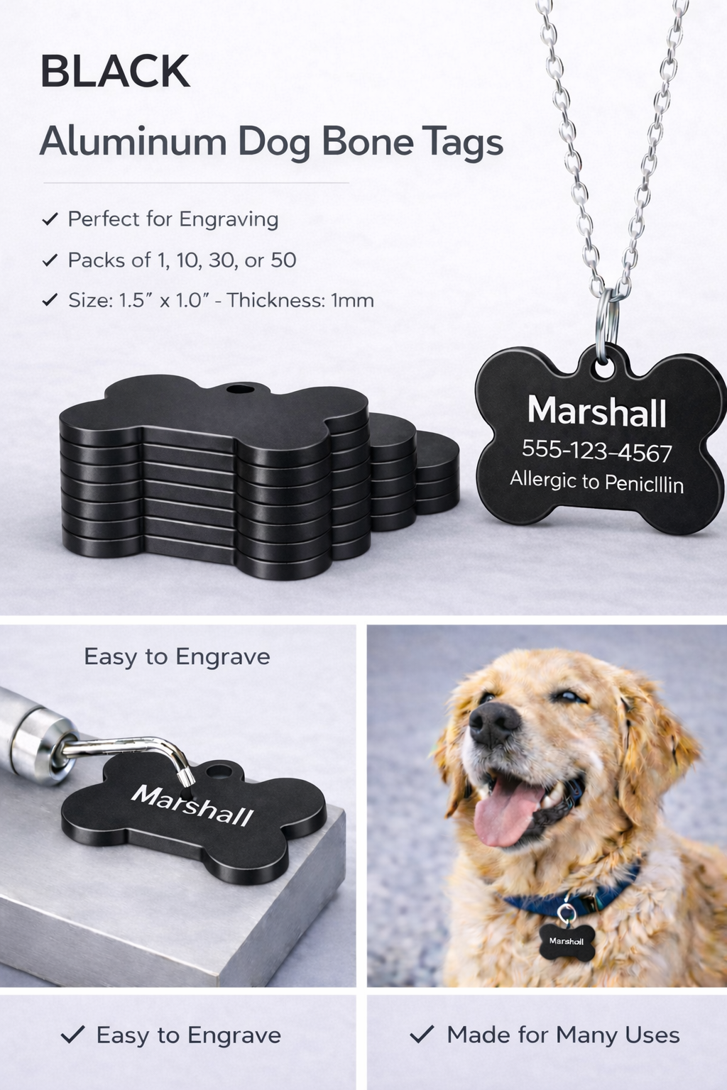 Black aluminum dog bone tags with engraving capabilities, shown with a dog wearing a tag.