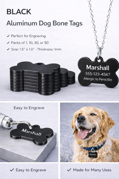 Black aluminum dog bone tags with engraving capabilities, shown with a dog wearing a tag.