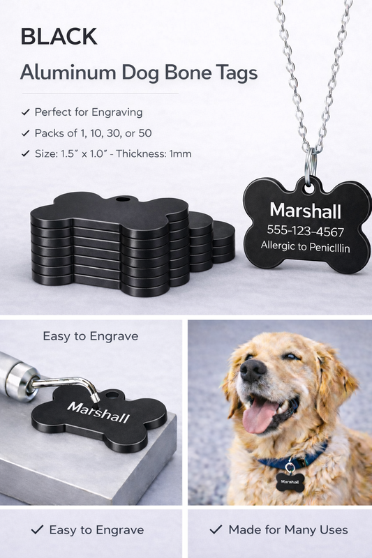 Black aluminum dog bone tags with engraving capabilities, shown with a dog wearing a tag.