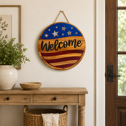 Welcome American Flag Acacia Wood Sign with Epoxy Inlay