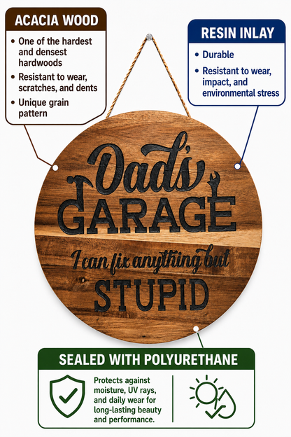 Dad's Garage Acacia Wood Sign with Epoxy Inlay