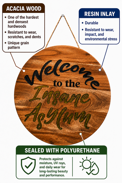 Welcome to the Insane Asylum Acacia Wood Sign with Epoxy Inlay