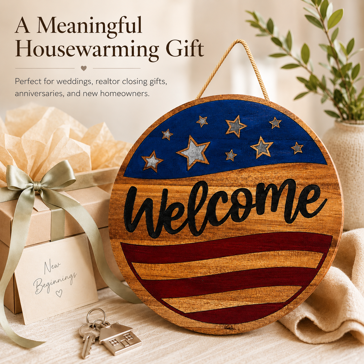 Welcome American Flag Acacia Wood Sign with Epoxy Inlay