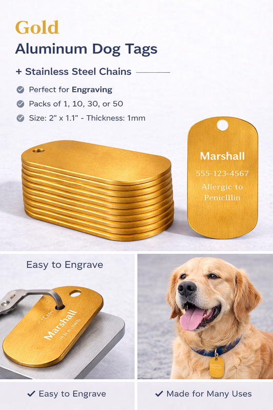 Gold aluminum dog tags with engraved text, stainless steel chains, and a dog wearing one of the tags.