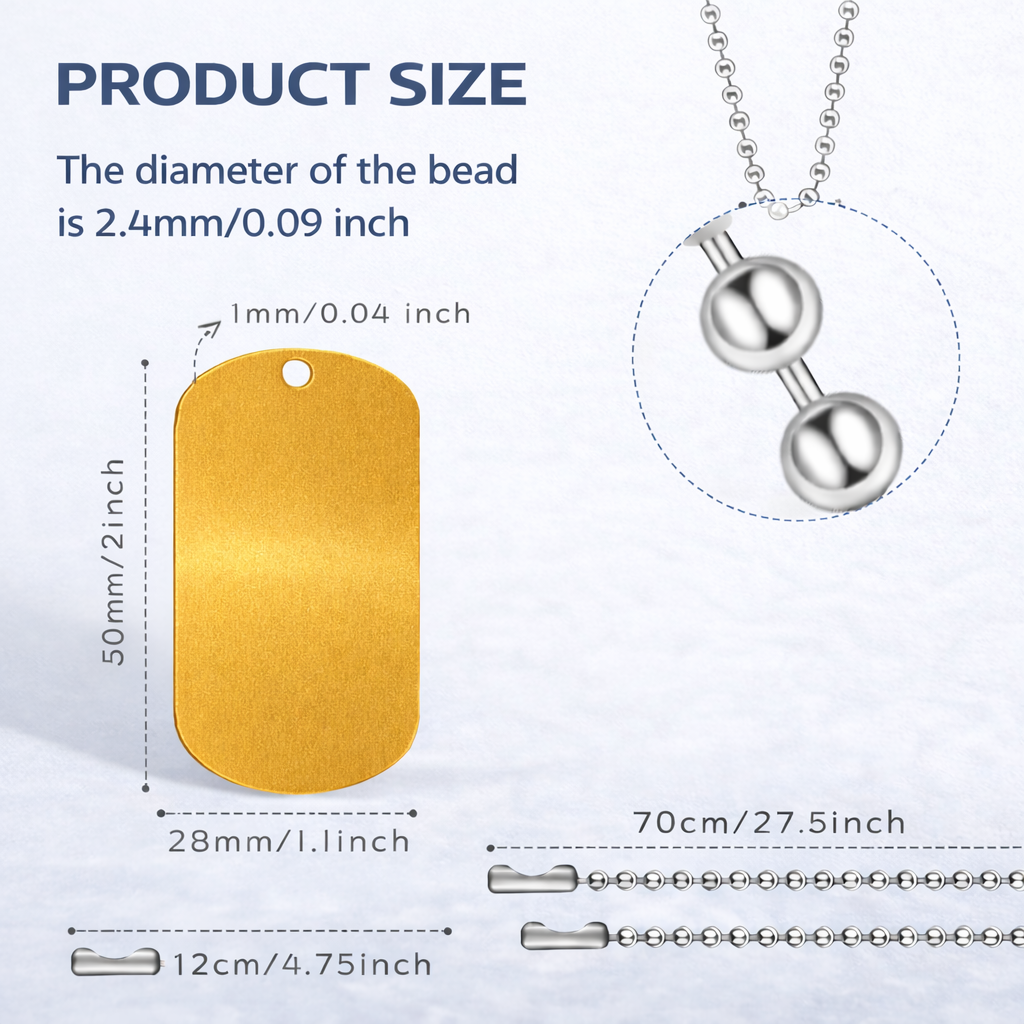 Measurement chart showing dimensions of a gold tag, silver bead, and chain on a white background.