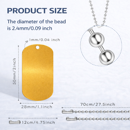 Measurement chart showing dimensions of a gold tag, silver bead, and chain on a white background.