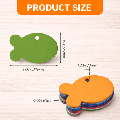 Colorful fish-shaped products with measurements on a light background