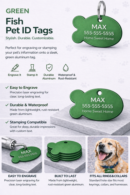 Green fish-shaped pet ID tags with engraving tools and a dog wearing a tag on a white background.