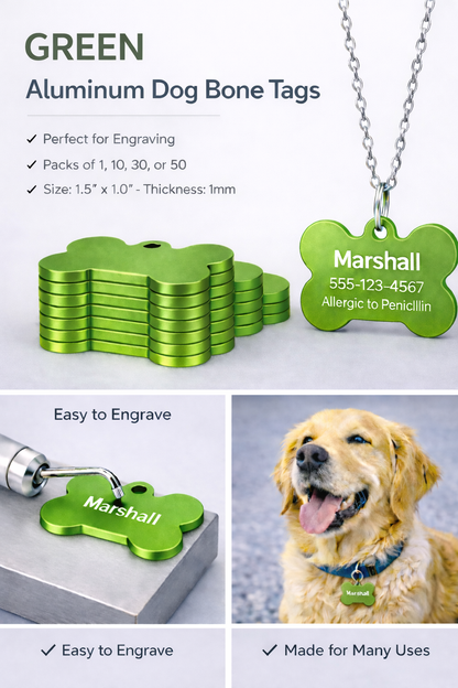 Green aluminum dog bone tags with engraving capabilities, shown on a white background.