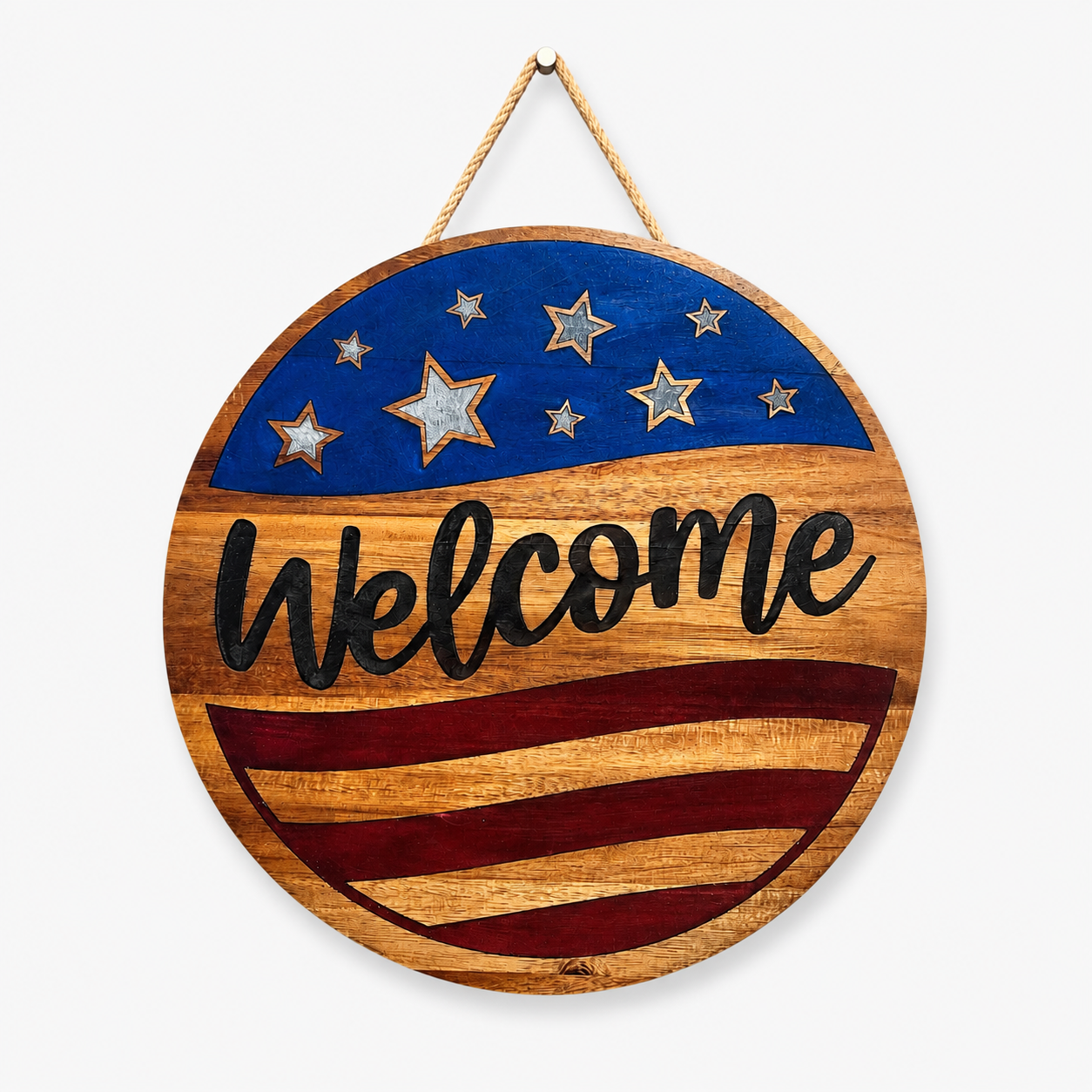 Welcome American Flag Acacia Wood Sign with Epoxy Inlay
