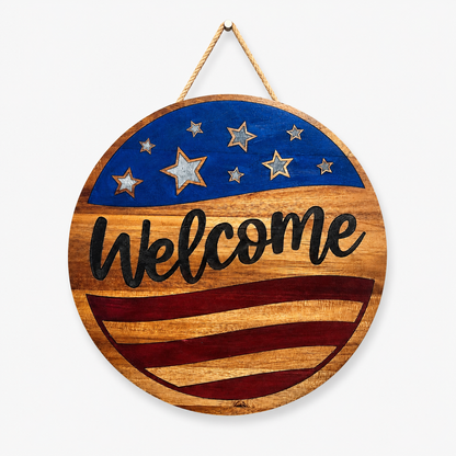 Welcome American Flag Acacia Wood Sign with Epoxy Inlay