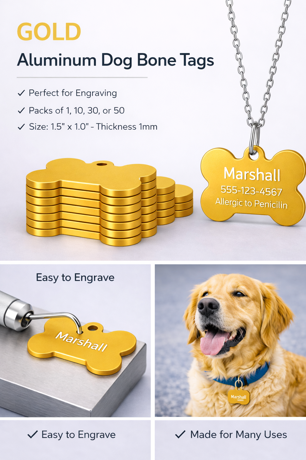 Gold aluminum dog bone tags with engraving tool and a dog wearing a tag, on a white background.