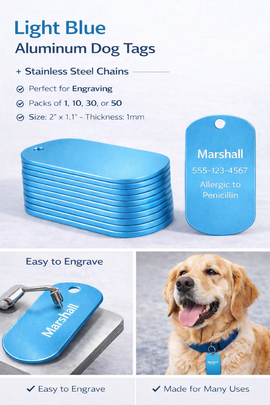 Light blue aluminum dog tags with engraved text, shown with a dog wearing one, on a white background.