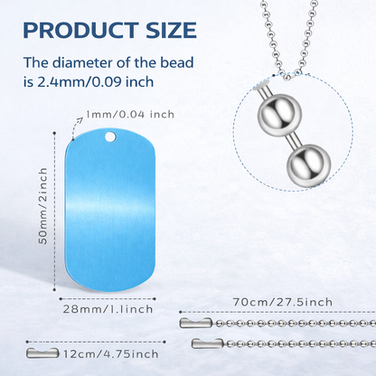 Measurement chart showing dimensions of a necklace with a blue pendant and silver beads.