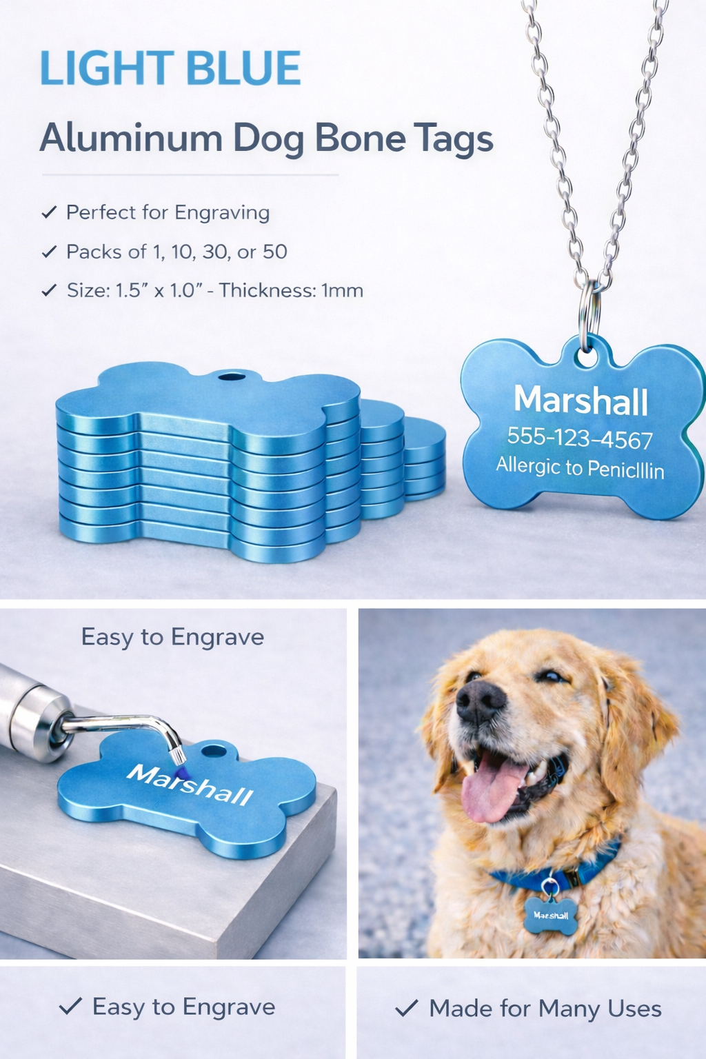 Light blue aluminum dog bone tags with engraving capabilities, shown with a dog wearing a tag.