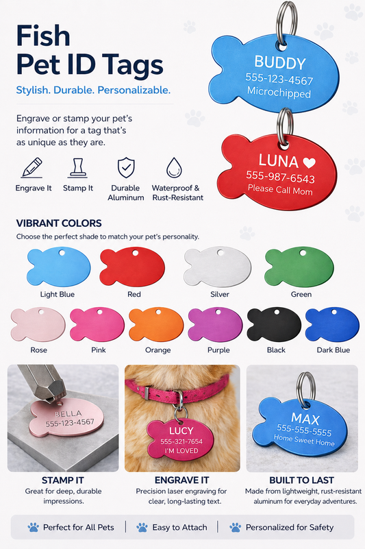 Fish pet ID tags with various colors and engraving options on a white background