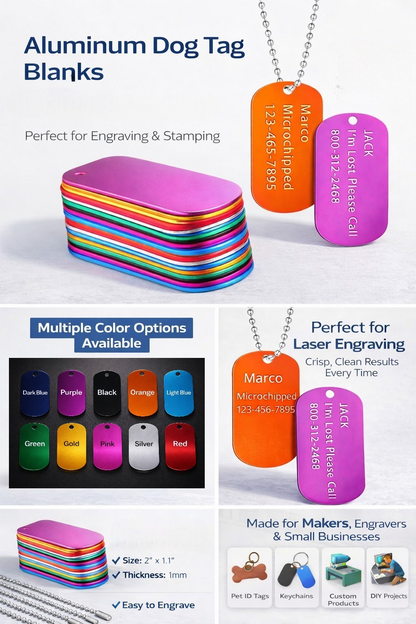 Multi color dog tags with information on a white background