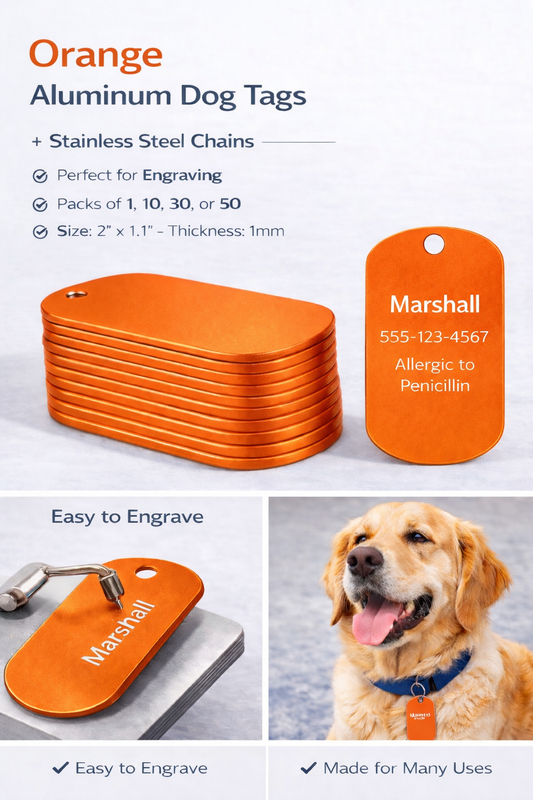 Orange aluminum dog tags with engraved information and a dog wearing one, on a white background.