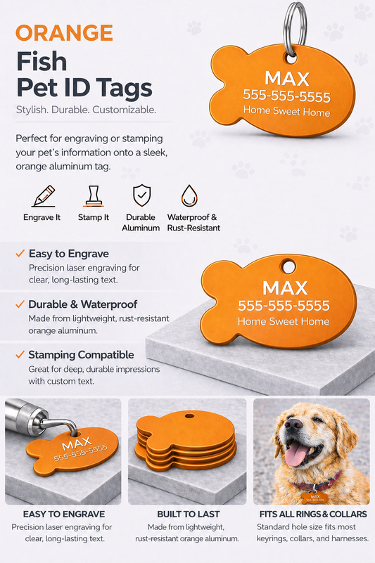 Orange fish shaped ID tags with uses on a gray background.