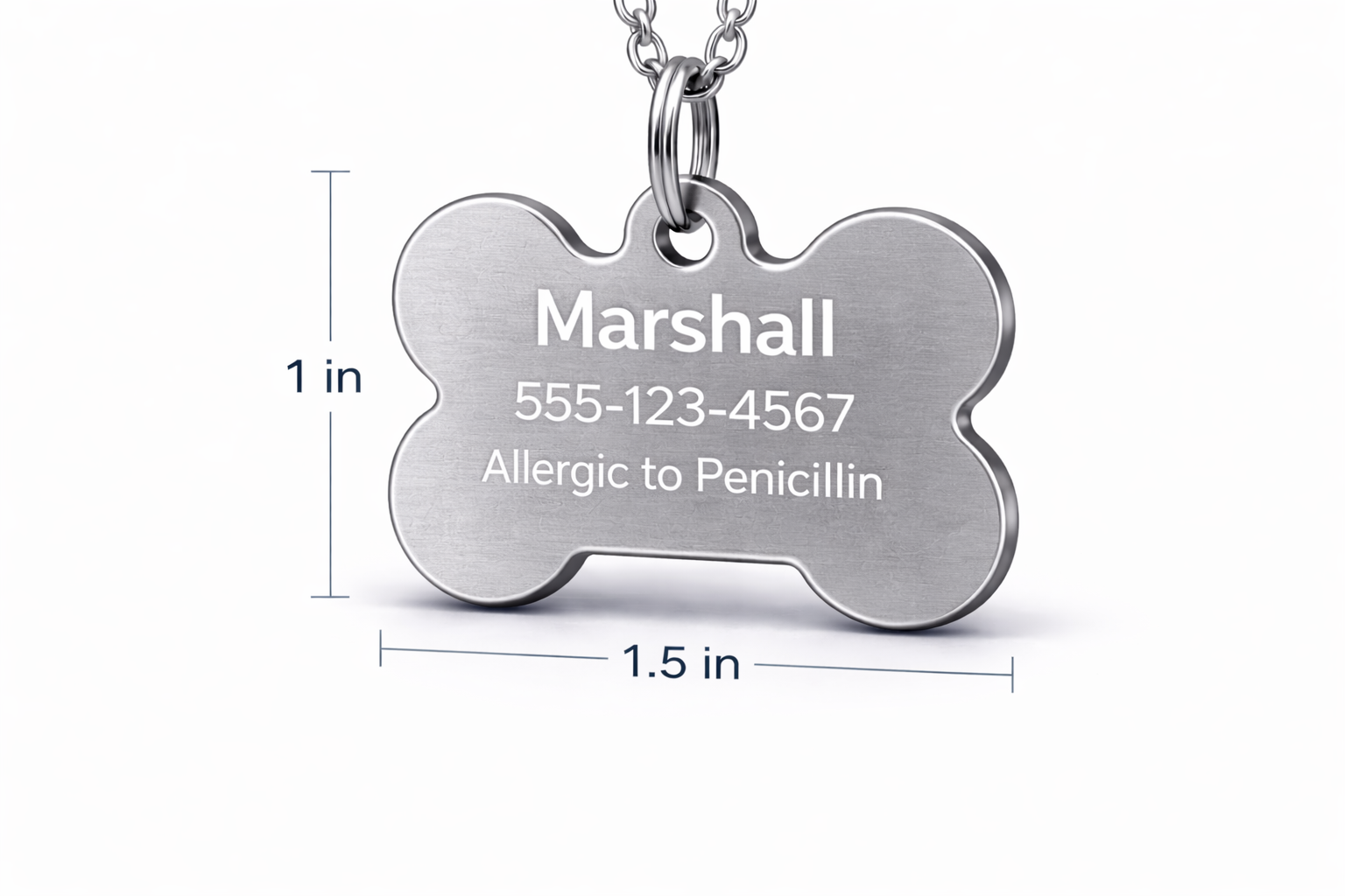 Stainless steel dog tag with engraved text on a white background