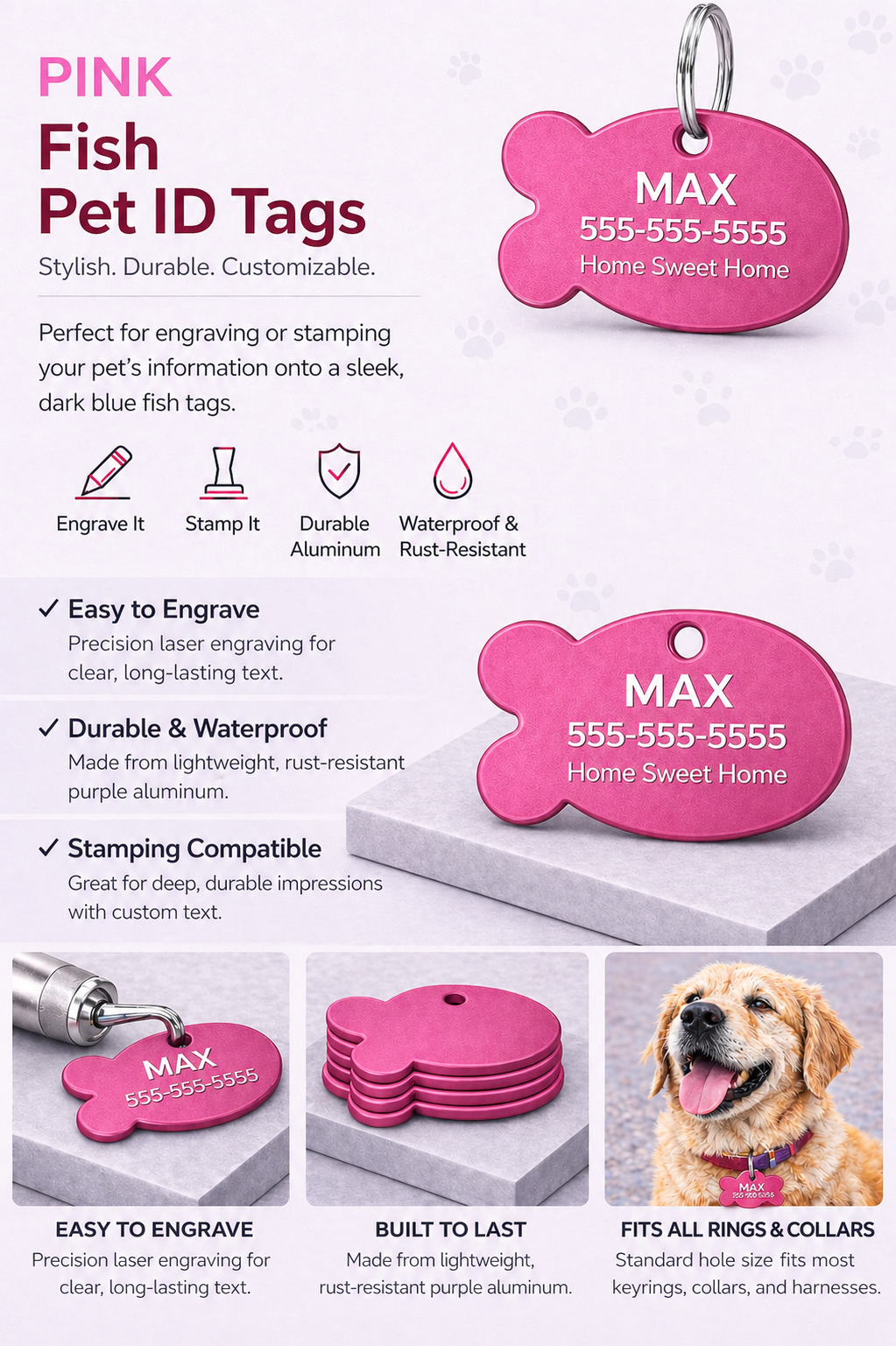 Pink fish-shaped ID tags with product details and uses