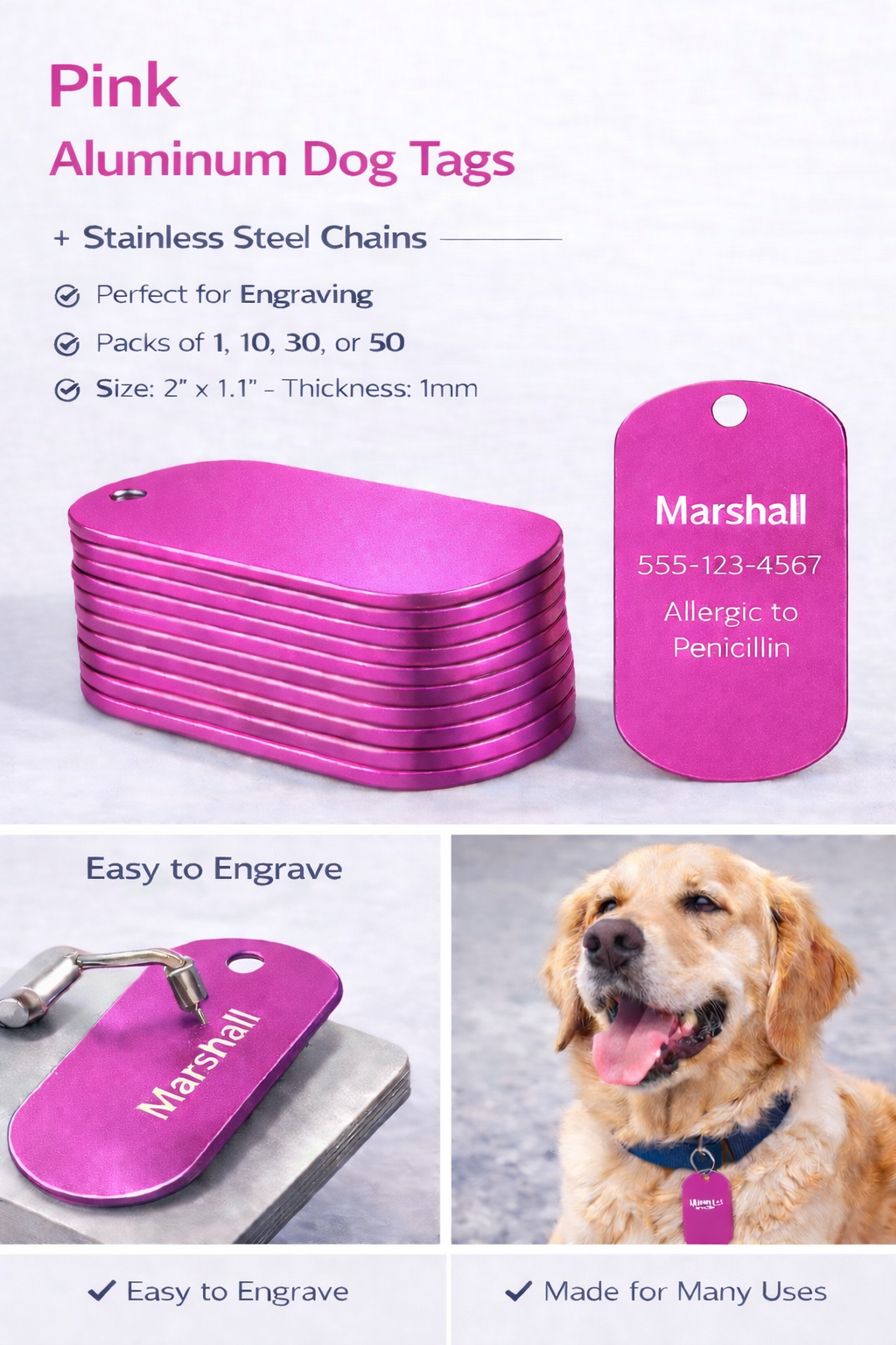 Pink aluminum dog tags with engraved text, suitable for engraving and various uses.