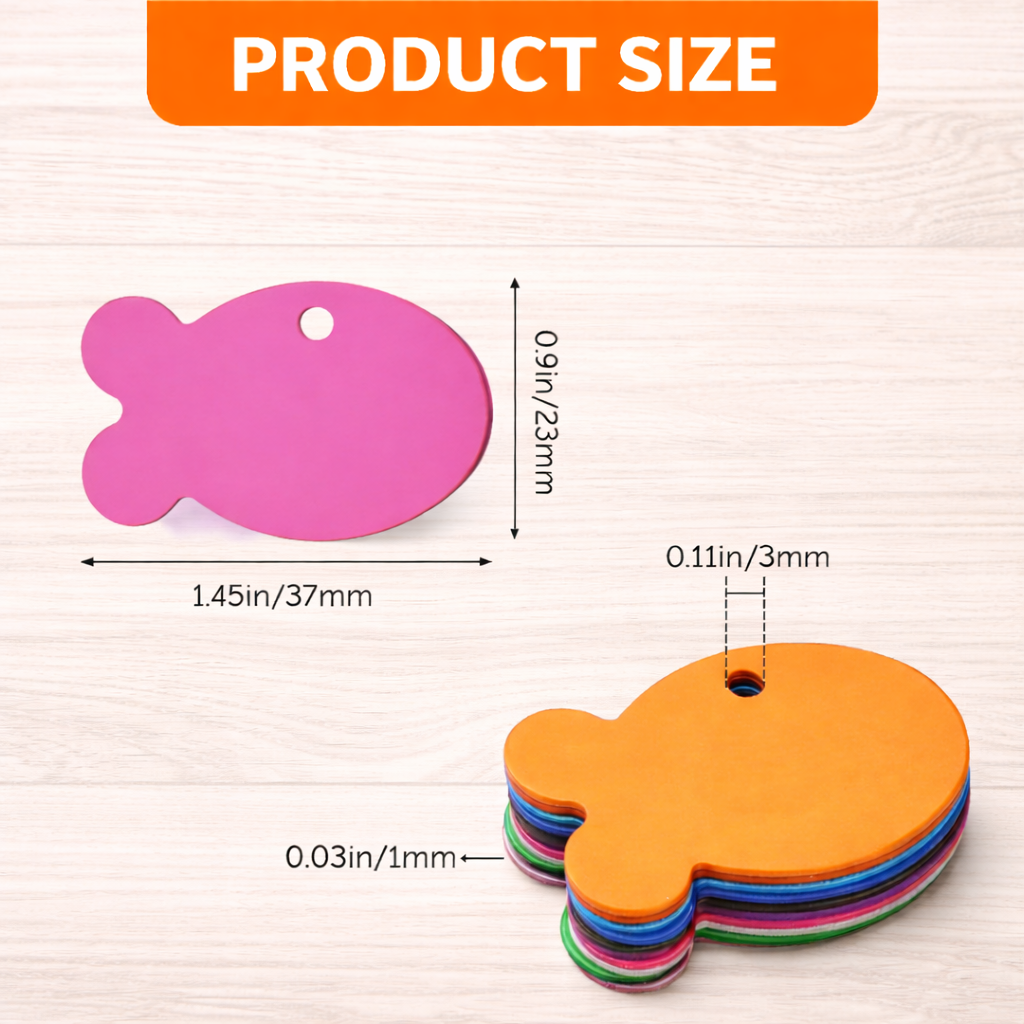 Dimensions of pink and orange fish-shaped products on a light wooden background.