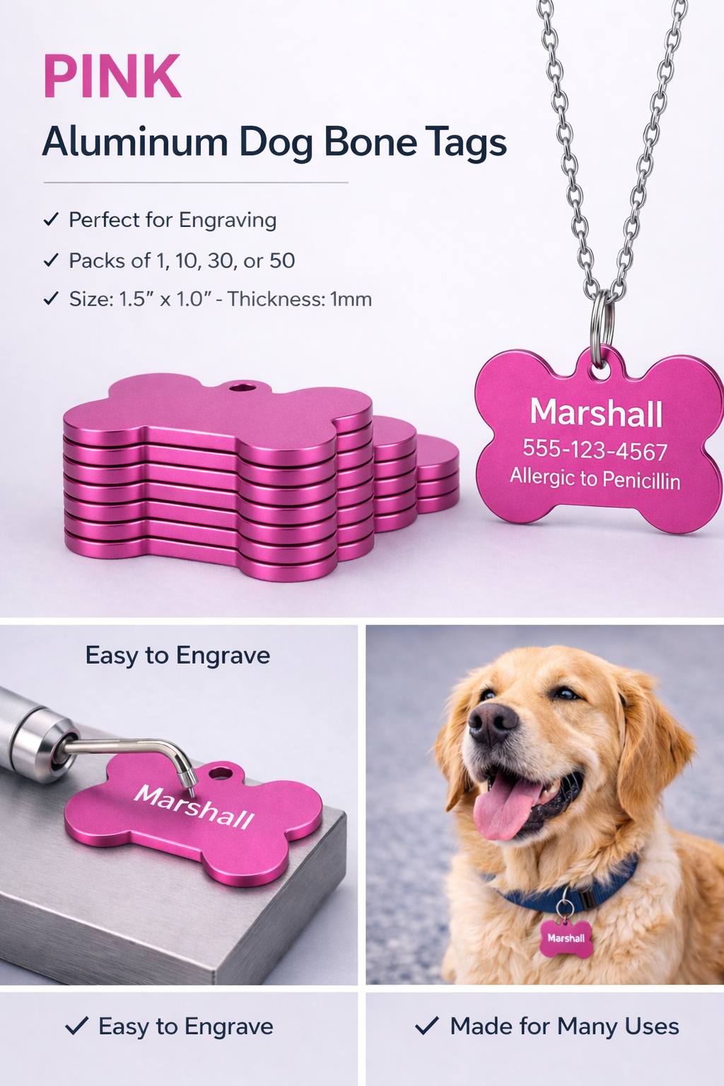 Pink aluminum dog bone tags with engraving tool and a dog wearing a tag, on a white background.